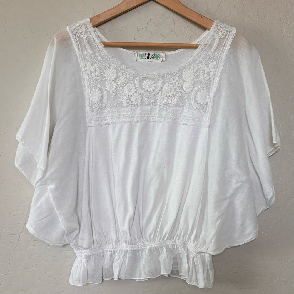 Coin 1804 Blouse White Lace Flowy Light Boho Cottage Core 100% Cotton Size M